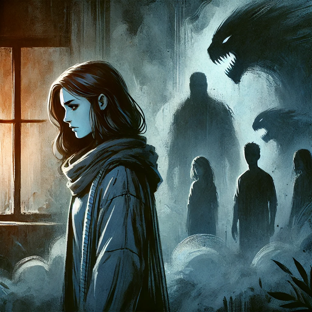 DALL·E 2025-03-17 09.21.07 - An atmospheric illustration for a novel cover. A young woman with a sorrowful expression stands in a dimly lit room, shadows of monstrous figures lurk دانلود رمان خطاهایم پاسوز من شده اند PDF